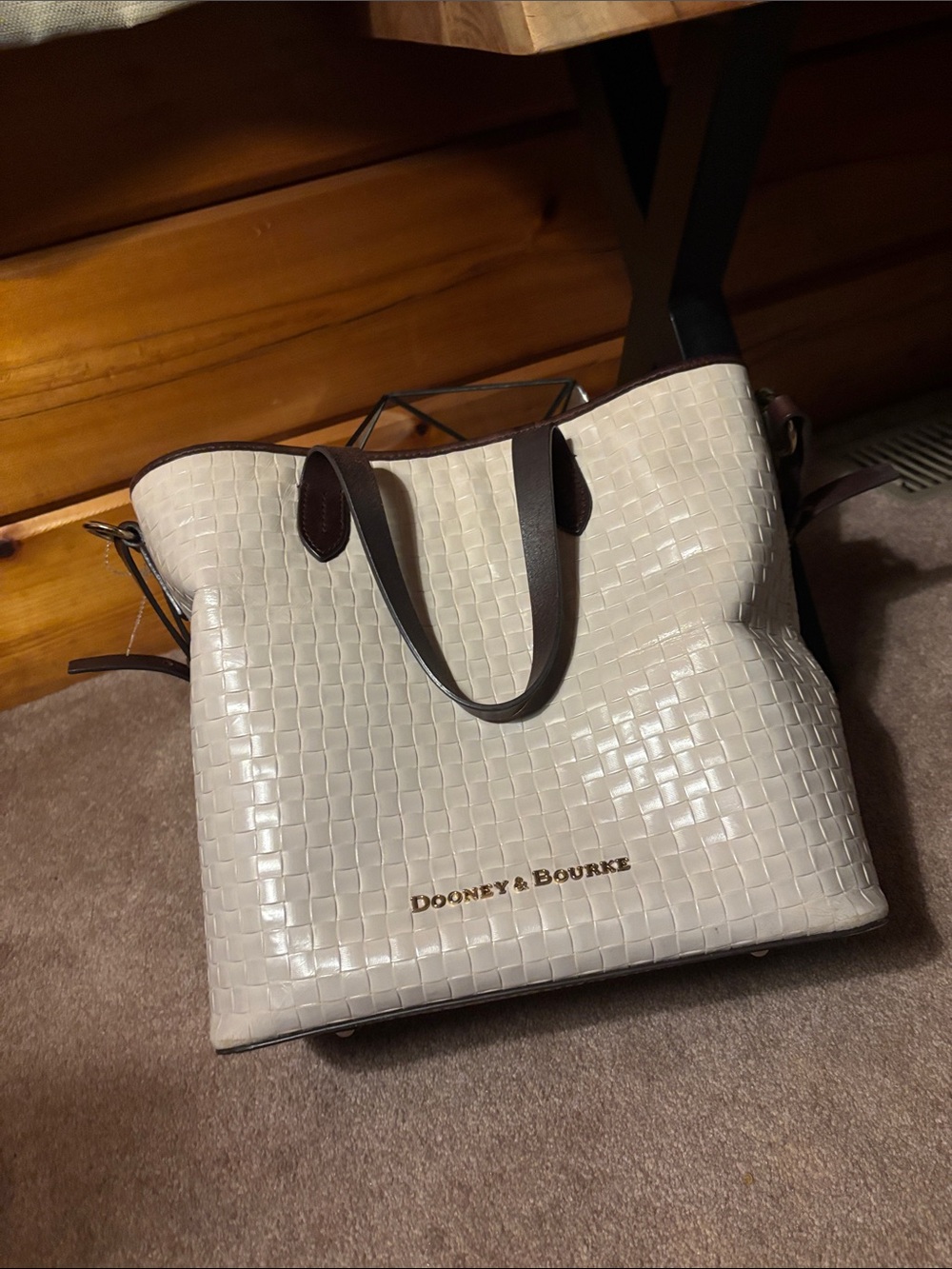 Dooney & Bourke Cream Woven Tote with Dark Brown Trim